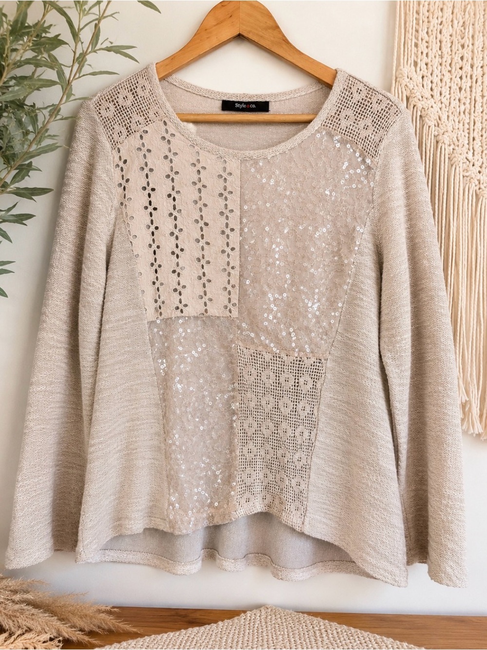 Style & Co Sequin Lace Patchwork Knit Sweater Boho Cottagecore Free People